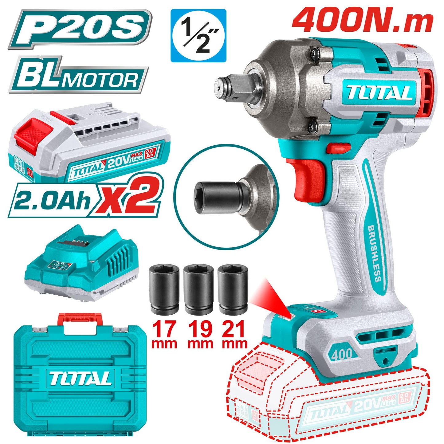 აკ. ქანჩის გასაღები TOTAL TIWLI2040 Li-Ion 20V (გაიკავიორტი) 400 ნიუტონი